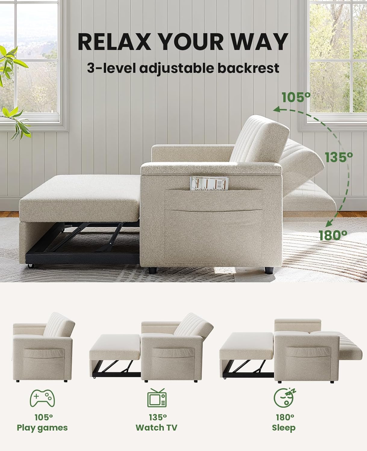 Sofa Bed 3-in-1 Convertible Sleeper Sofa