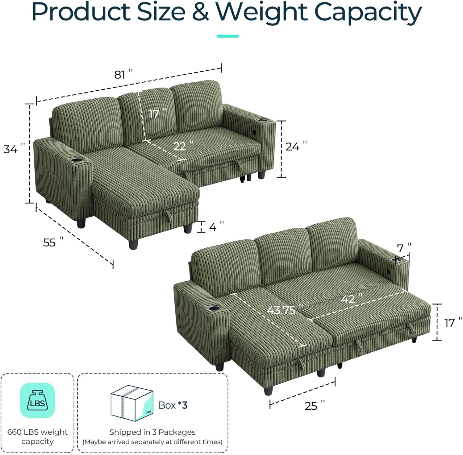LINSY HOME Sectional Sleeper Sofa with Pull Out Couch Bed