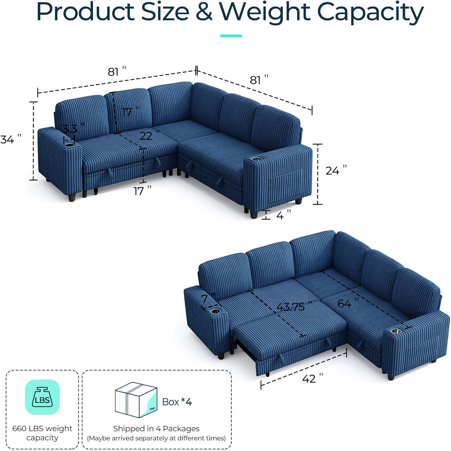 LINSY HOME Sectional Sleeper Sofa with Pull Out Couch Bed