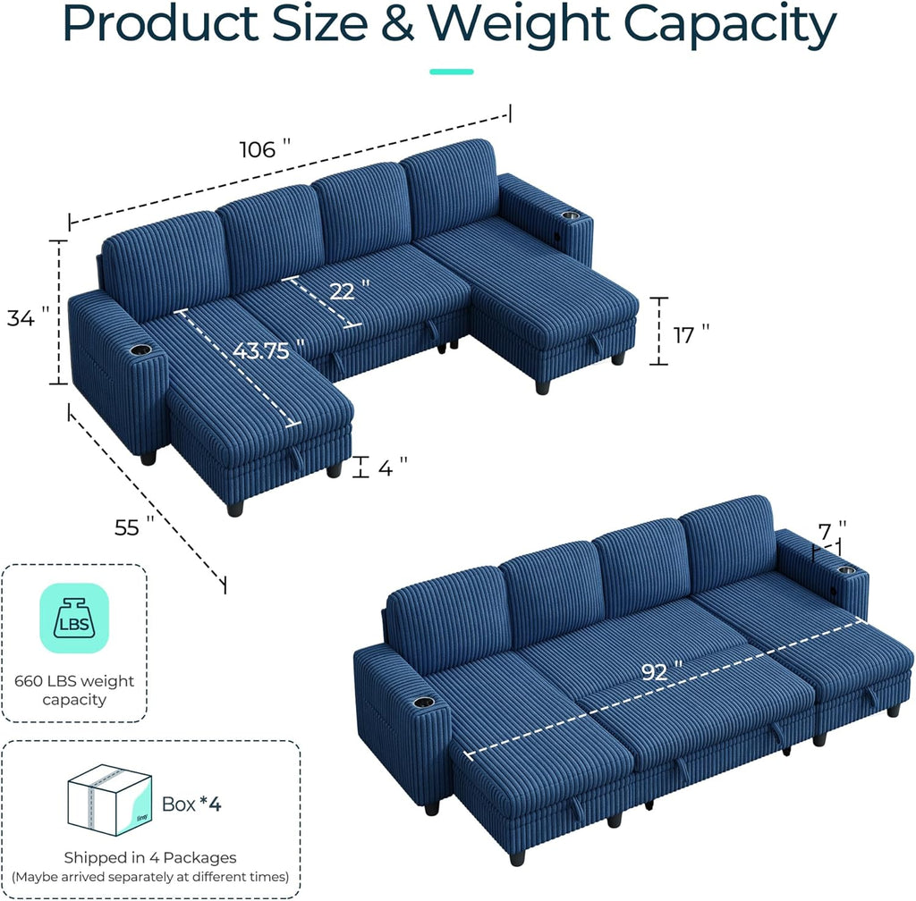 LINSY HOME Sectional Sleeper Sofa with Pull Out Couch Bed