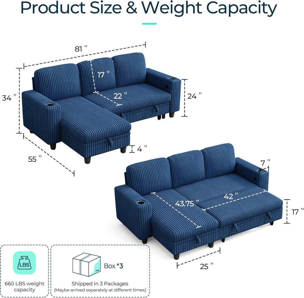 LINSY HOME Sectional Sleeper Sofa with Pull Out Couch Bed