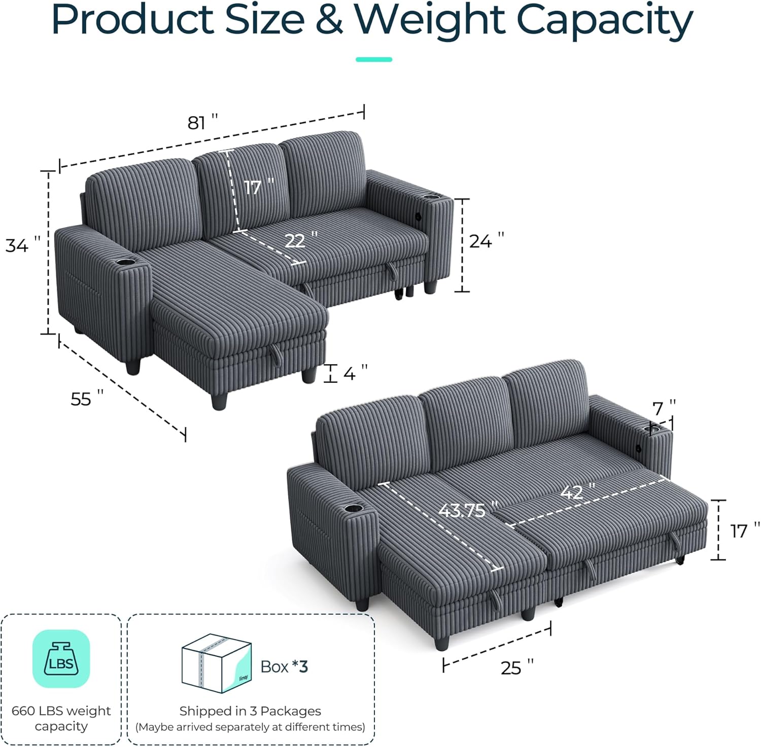 LINSY HOME Sectional Sleeper Sofa with Pull Out Couch Bed