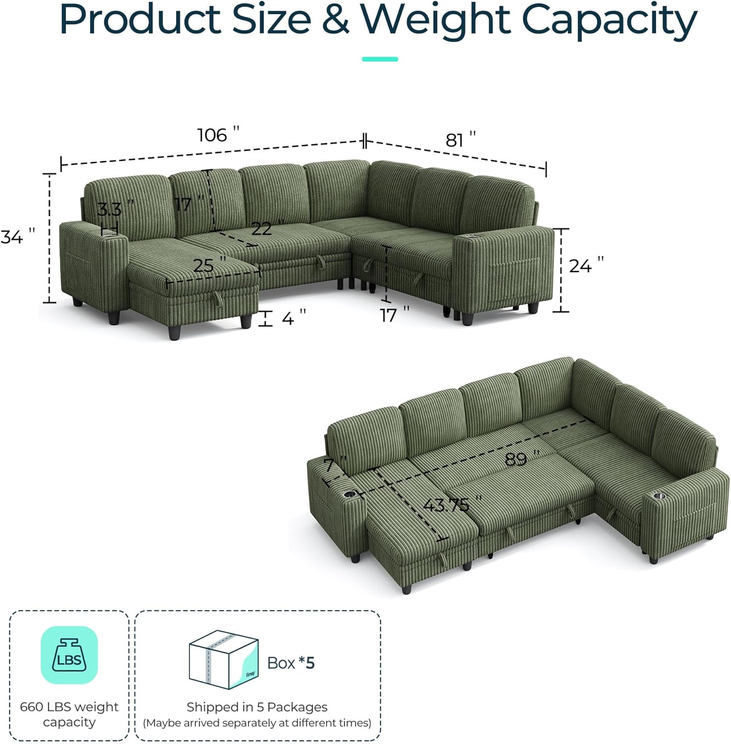 LINSY HOME Sectional Sleeper Sofa with Pull Out Couch Bed