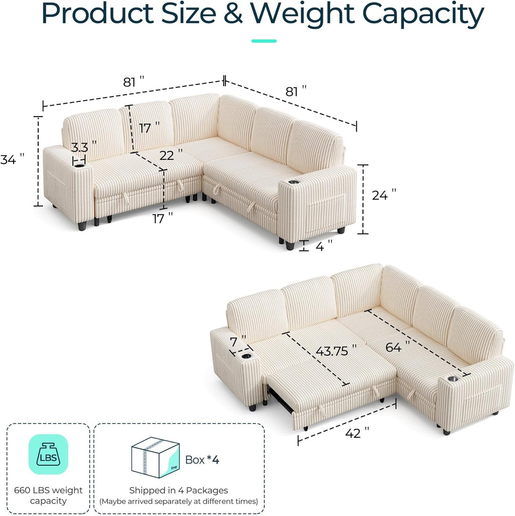 LINSY HOME Sectional Sleeper Sofa with Pull Out Couch Bed
