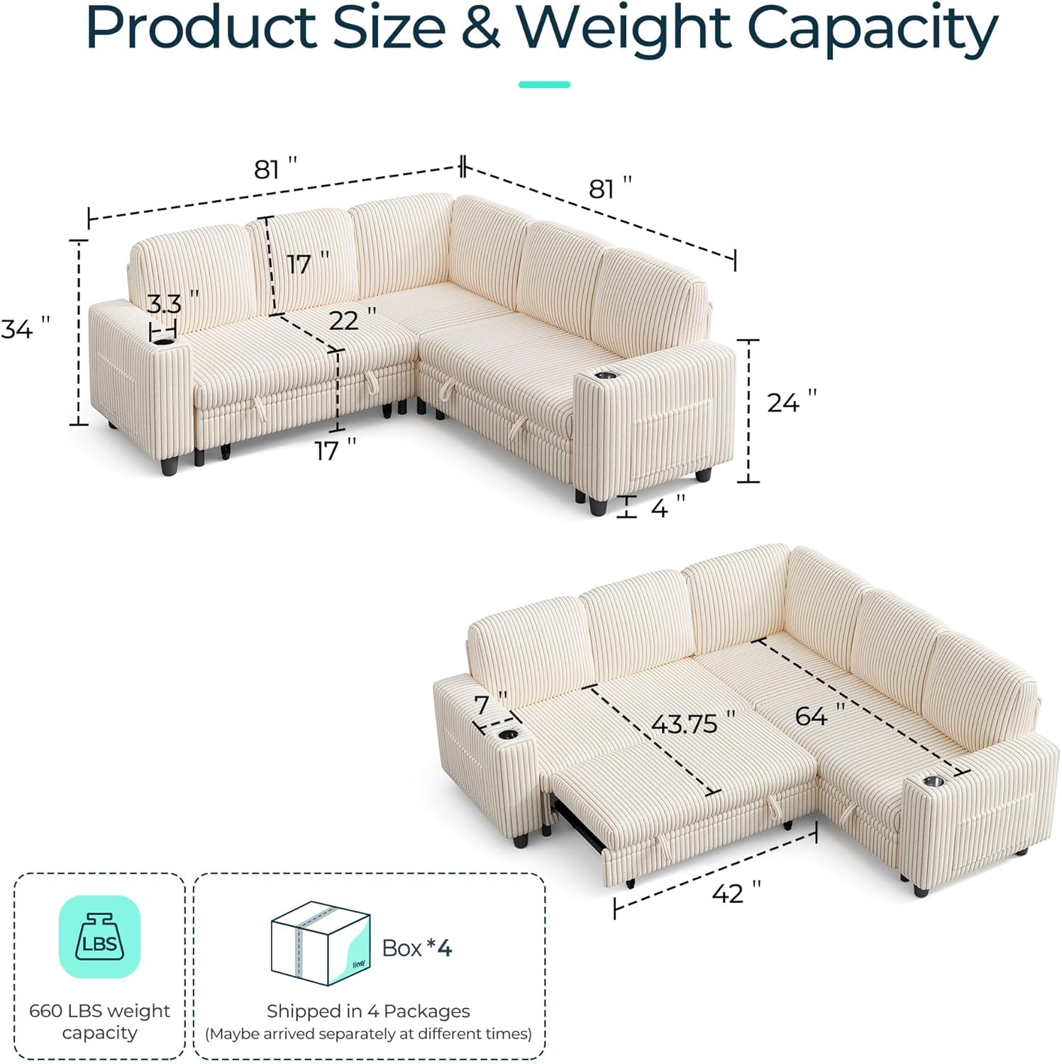 LINSY HOME Sectional Sleeper Sofa with Pull Out Couch Bed