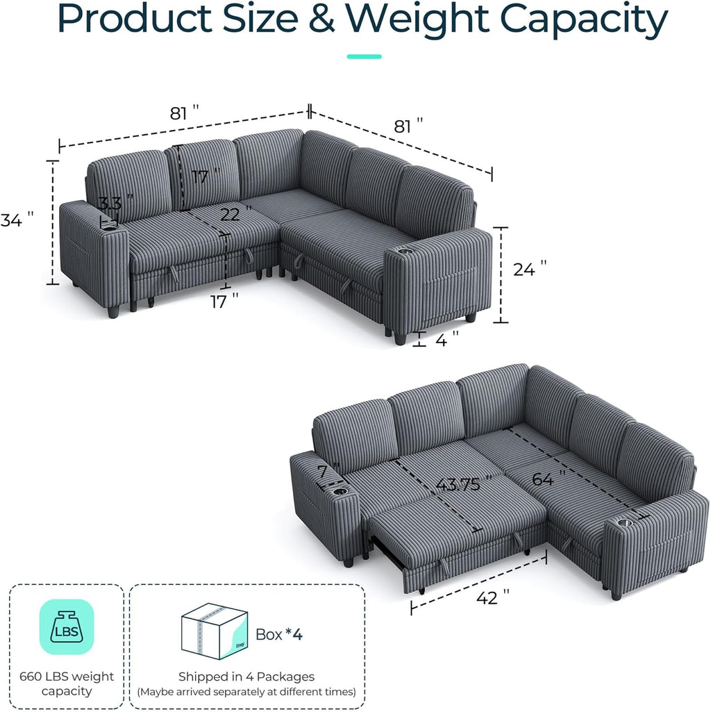 LINSY HOME Sectional Sleeper Sofa with Pull Out Couch Bed