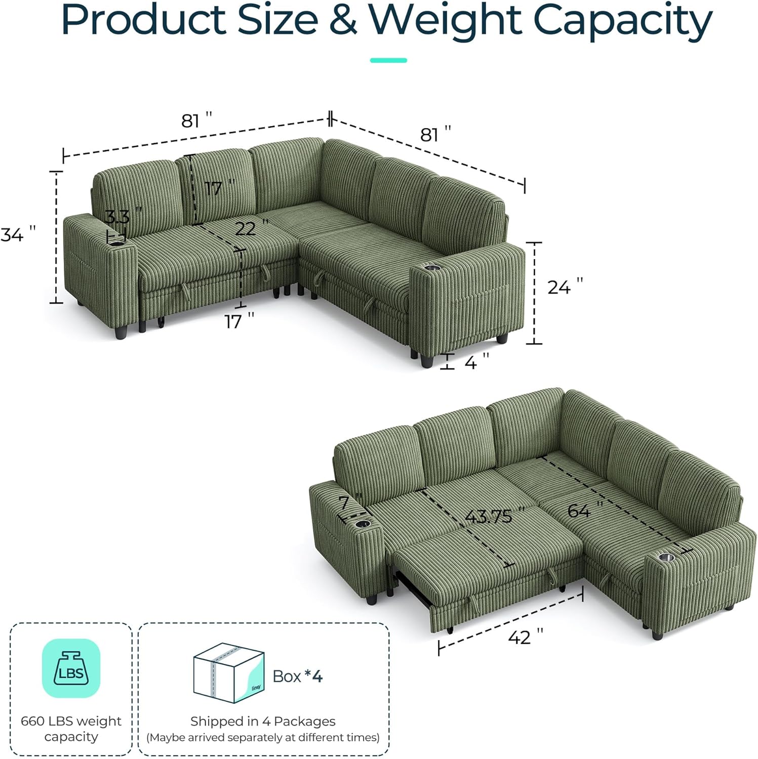 LINSY HOME Sectional Sleeper Sofa with Pull Out Couch Bed