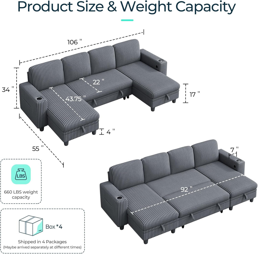 LINSY HOME Sectional Sleeper Sofa with Pull Out Couch Bed