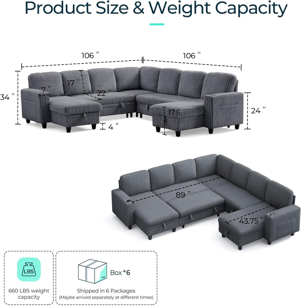 LINSY HOME Sectional Sleeper Sofa with Pull Out Couch Bed