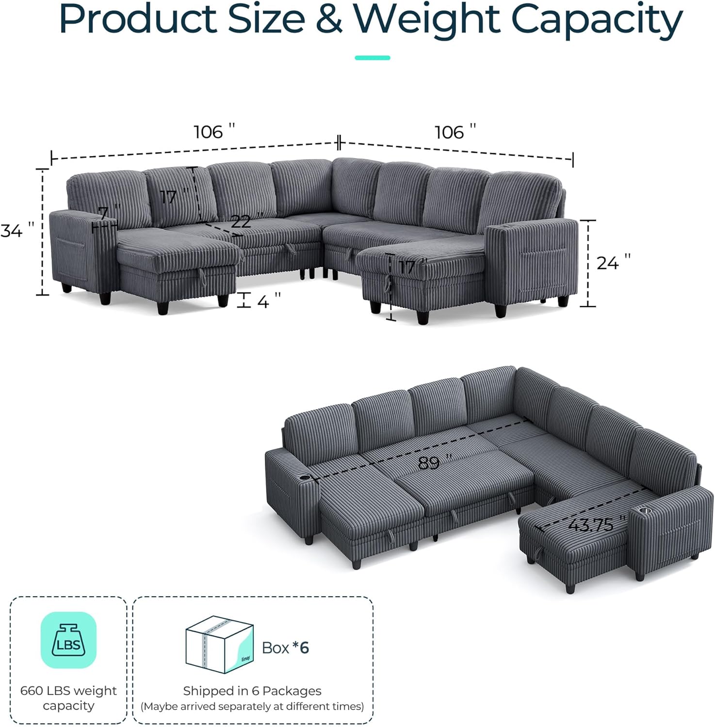 LINSY HOME Sectional Sleeper Sofa with Pull Out Couch Bed