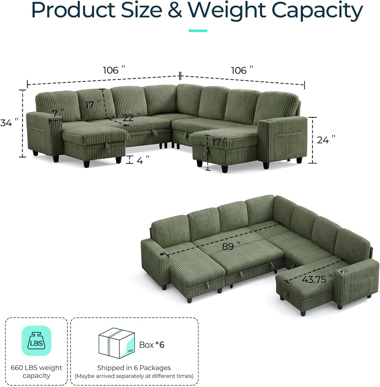LINSY HOME Sectional Sleeper Sofa with Pull Out Couch Bed