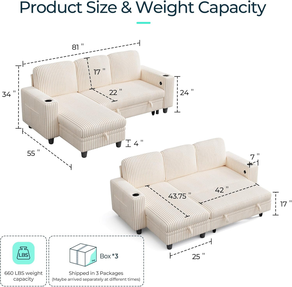LINSY HOME Sectional Sleeper Sofa with Pull Out Couch Bed