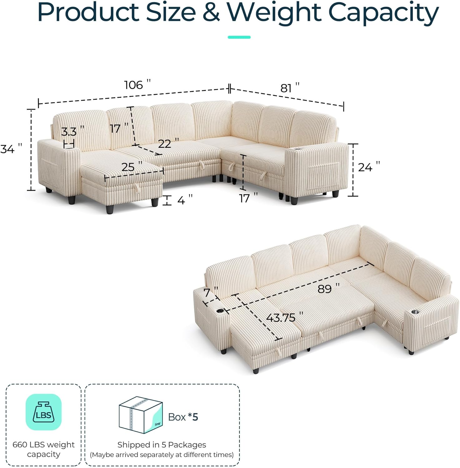 LINSY HOME Sectional Sleeper Sofa with Pull Out Couch Bed