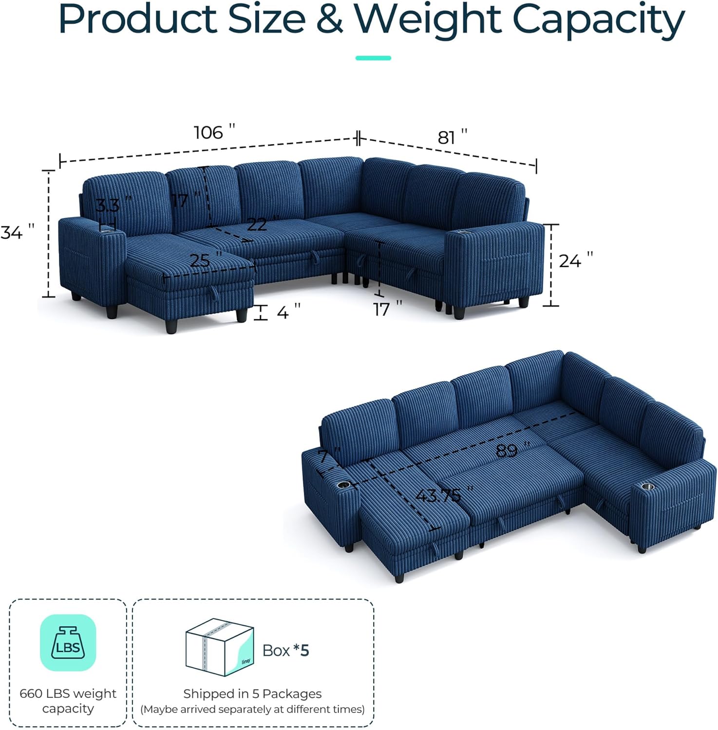 LINSY HOME Sectional Sleeper Sofa with Pull Out Couch Bed