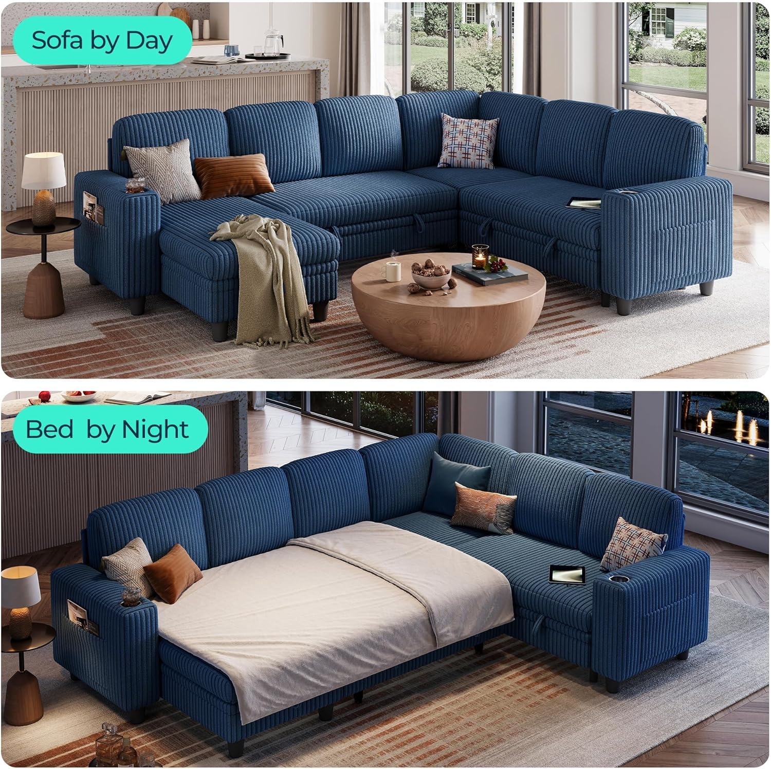 LINSY HOME Sectional Sleeper Sofa with Pull Out Couch Bed