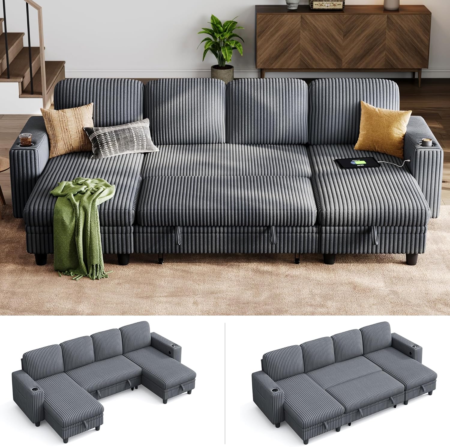 LINSY HOME Sectional Sleeper Sofa with Pull Out Couch Bed
