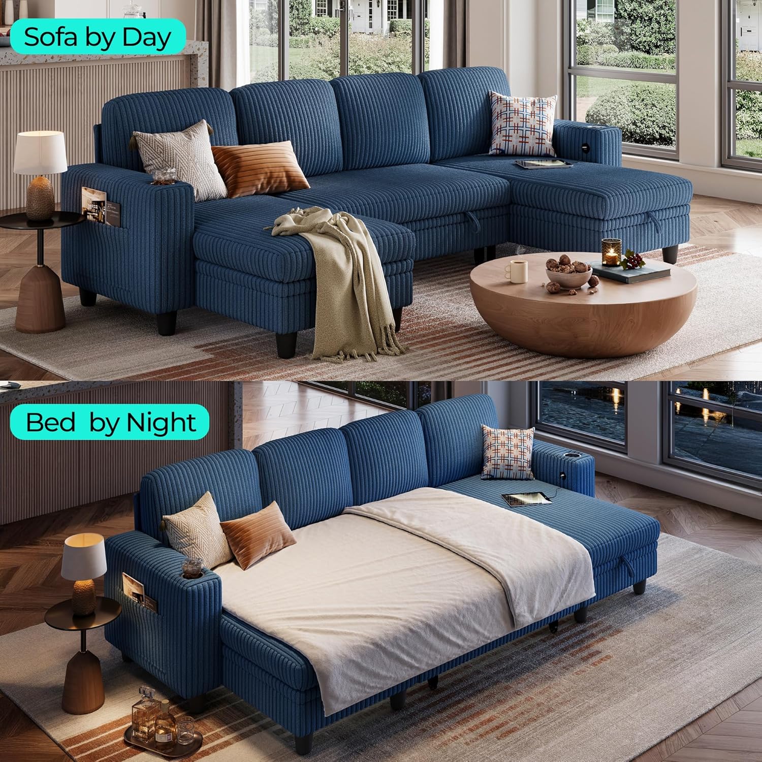 LINSY HOME Sectional Sleeper Sofa with Pull Out Couch Bed