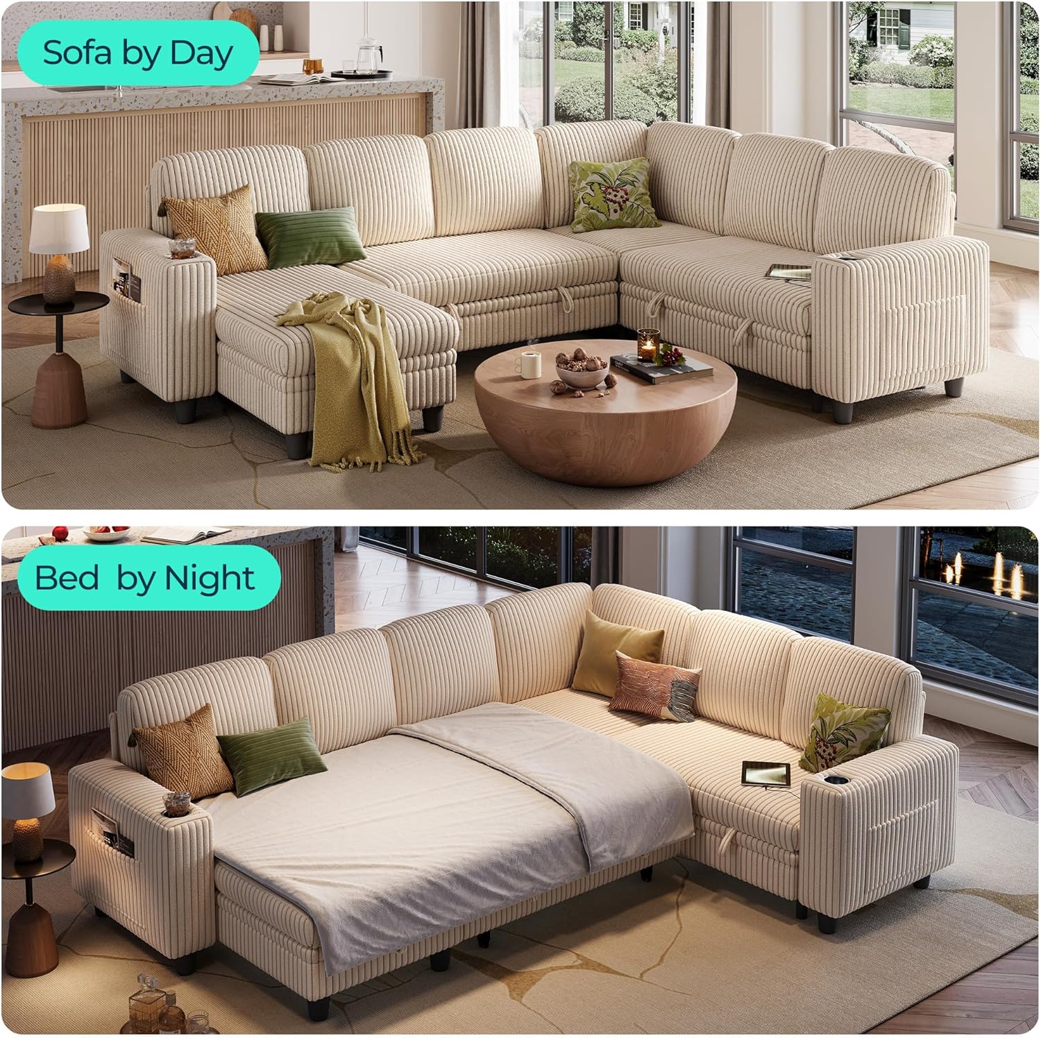 LINSY HOME Sectional Sleeper Sofa with Pull Out Couch Bed