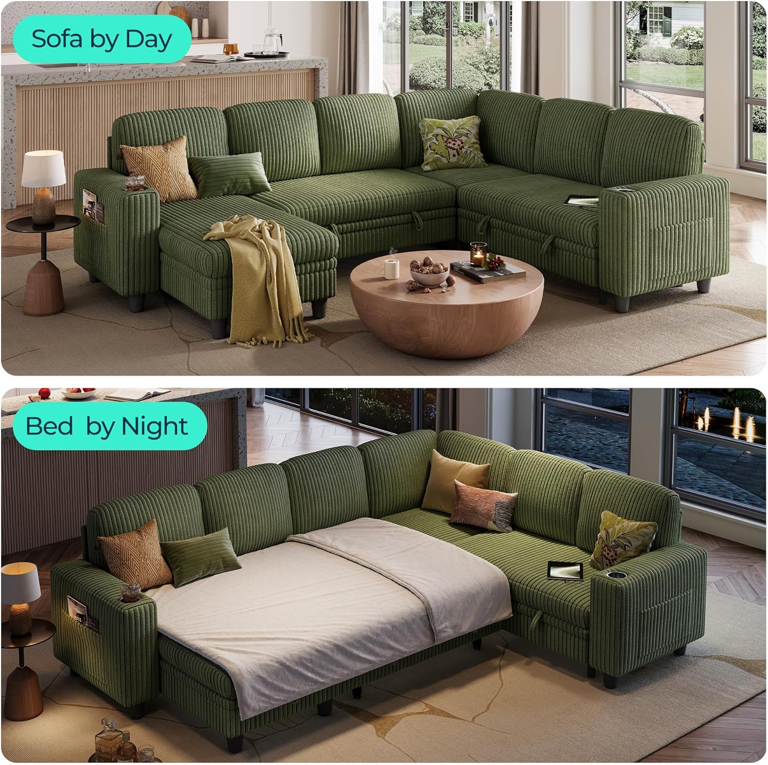 LINSY HOME Sectional Sleeper Sofa with Pull Out Couch Bed