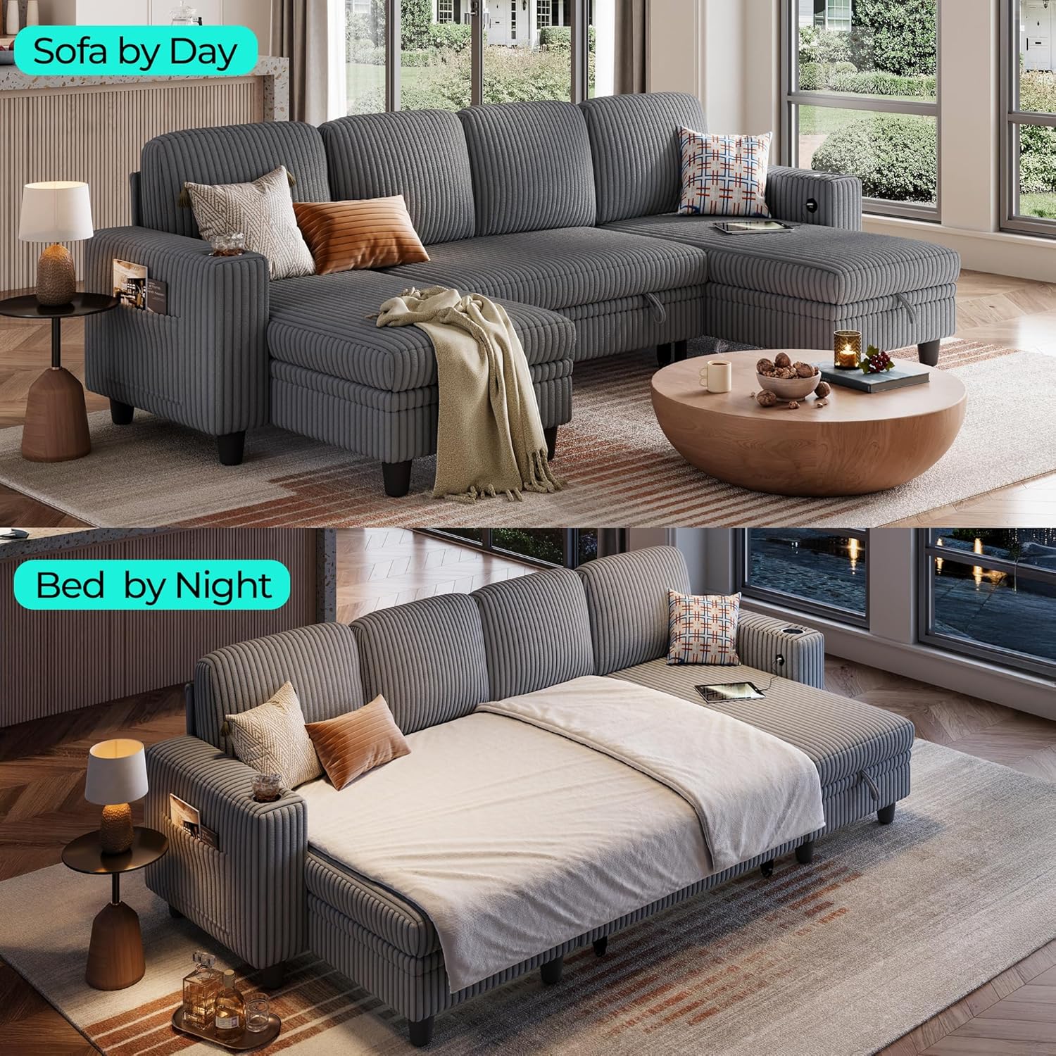 LINSY HOME Sectional Sleeper Sofa with Pull Out Couch Bed