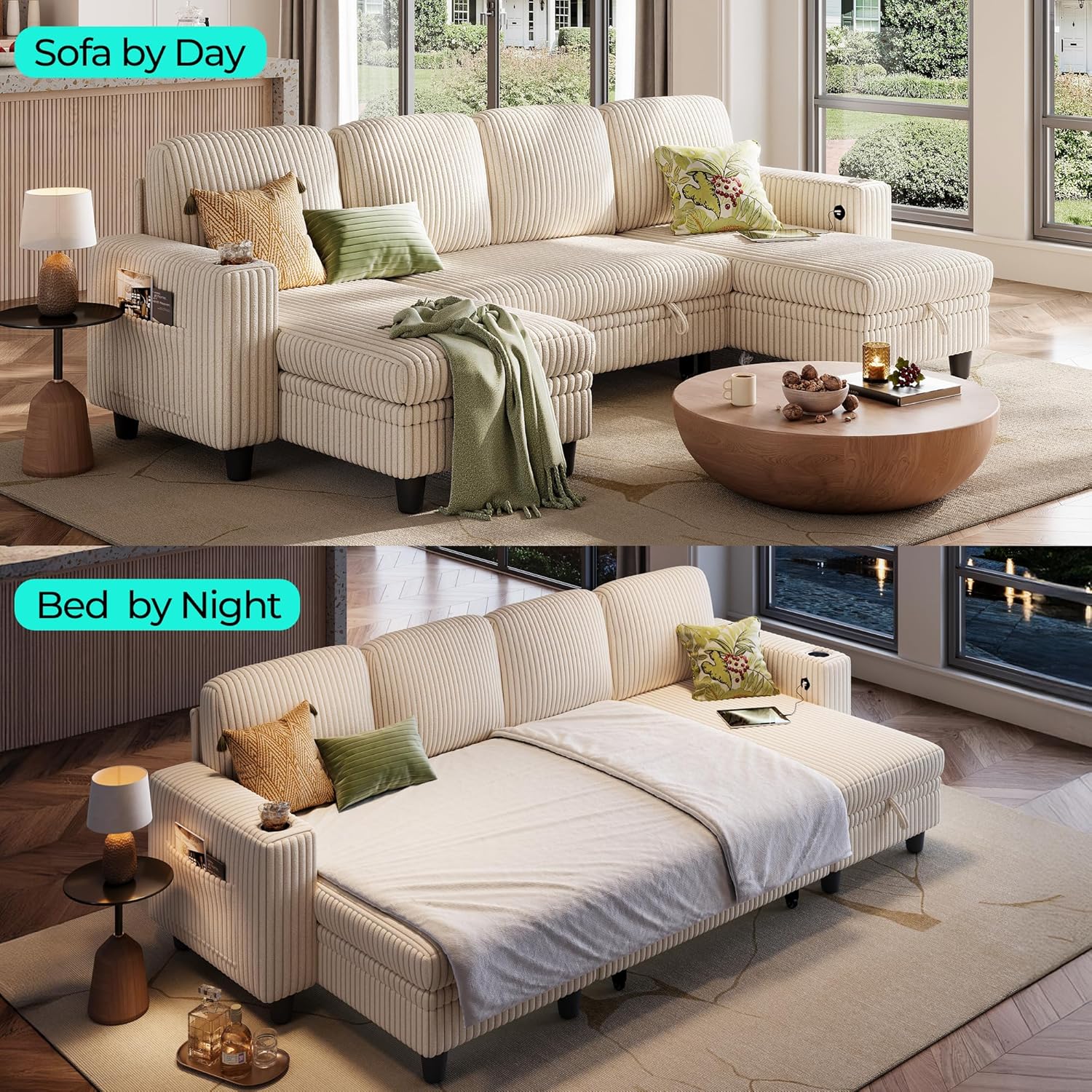 LINSY HOME Sectional Sleeper Sofa with Pull Out Couch Bed