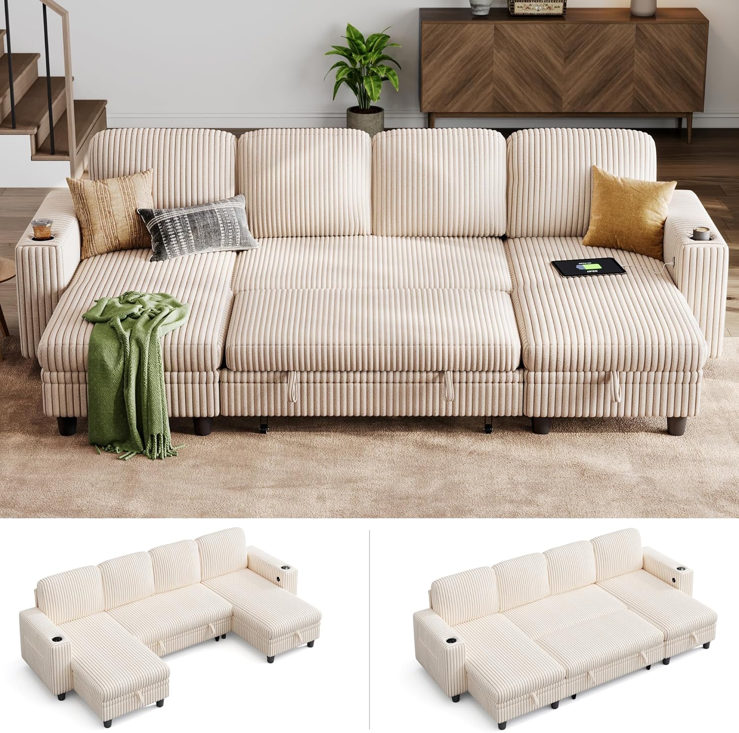 LINSY HOME Sectional Sleeper Sofa with Pull Out Couch Bed