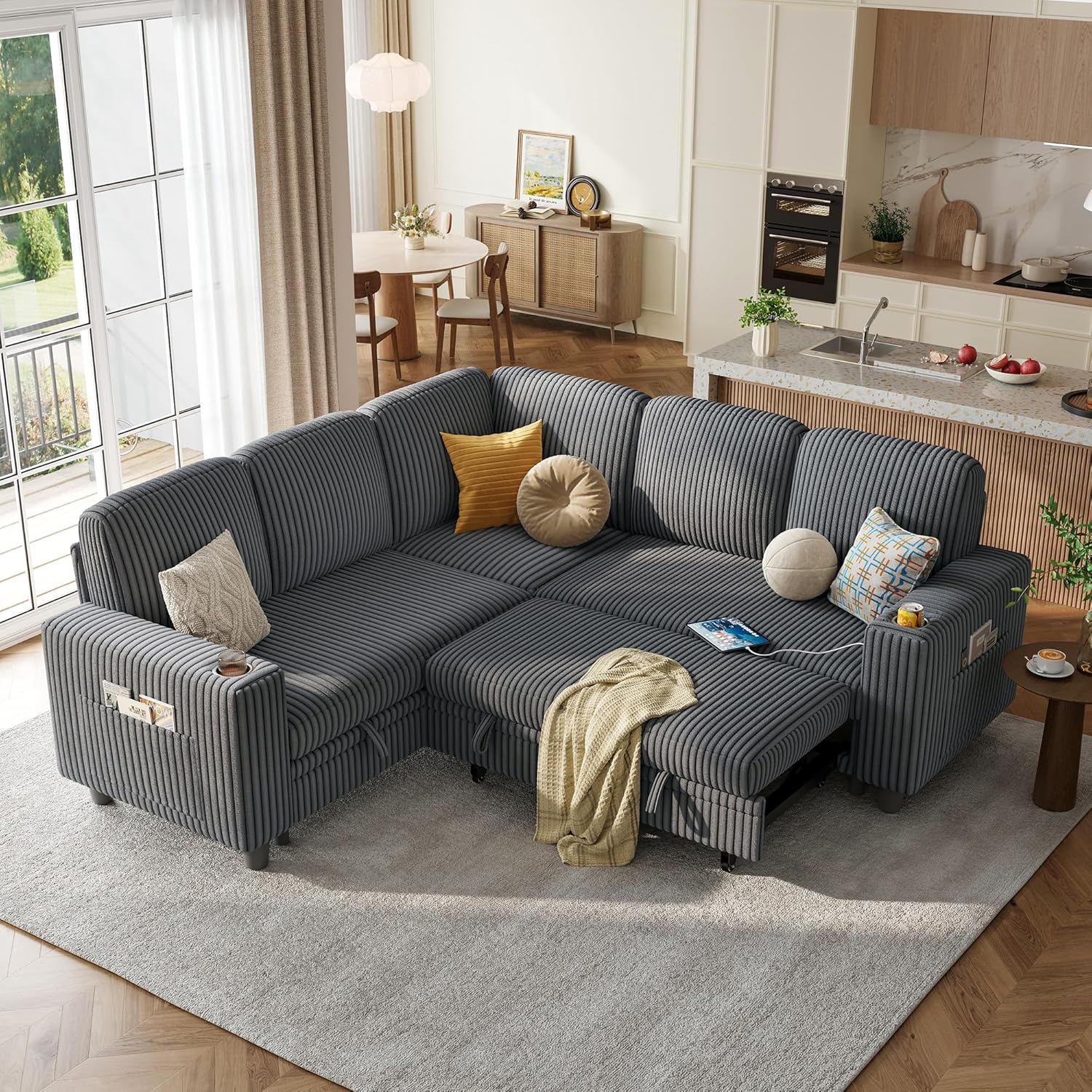 LINSY HOME Sectional Sleeper Sofa with Pull Out Couch Bed